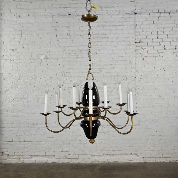 Mid-Century Modern Hollywood Regency 12 Arm Black Pottery & Brass Chandelier