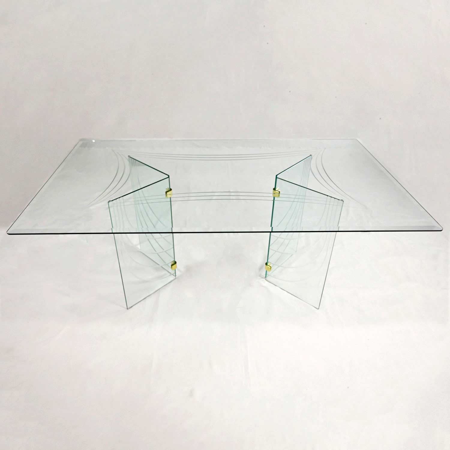 Vintage Modern All Glass Dining Table V Double Pedestal Base with Brass Plated Connectors Style of Pace