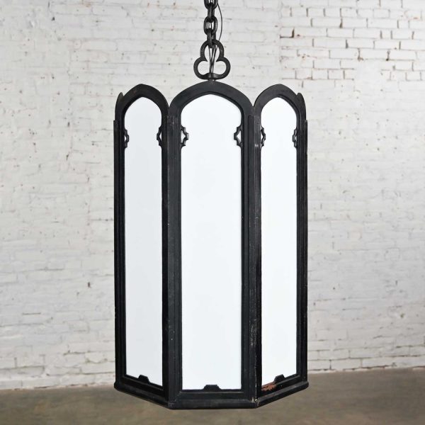 4 Large Vintage Gothic or Art Deco Black Painted Wrought Iron & White Milk Glass Light Fixtures Selling Separately