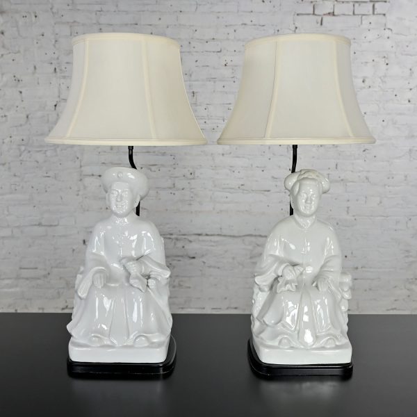 Vintage White Porcelain Blanc De Chine Large Scale Asian Figure Chinoiserie Pair of Lamps