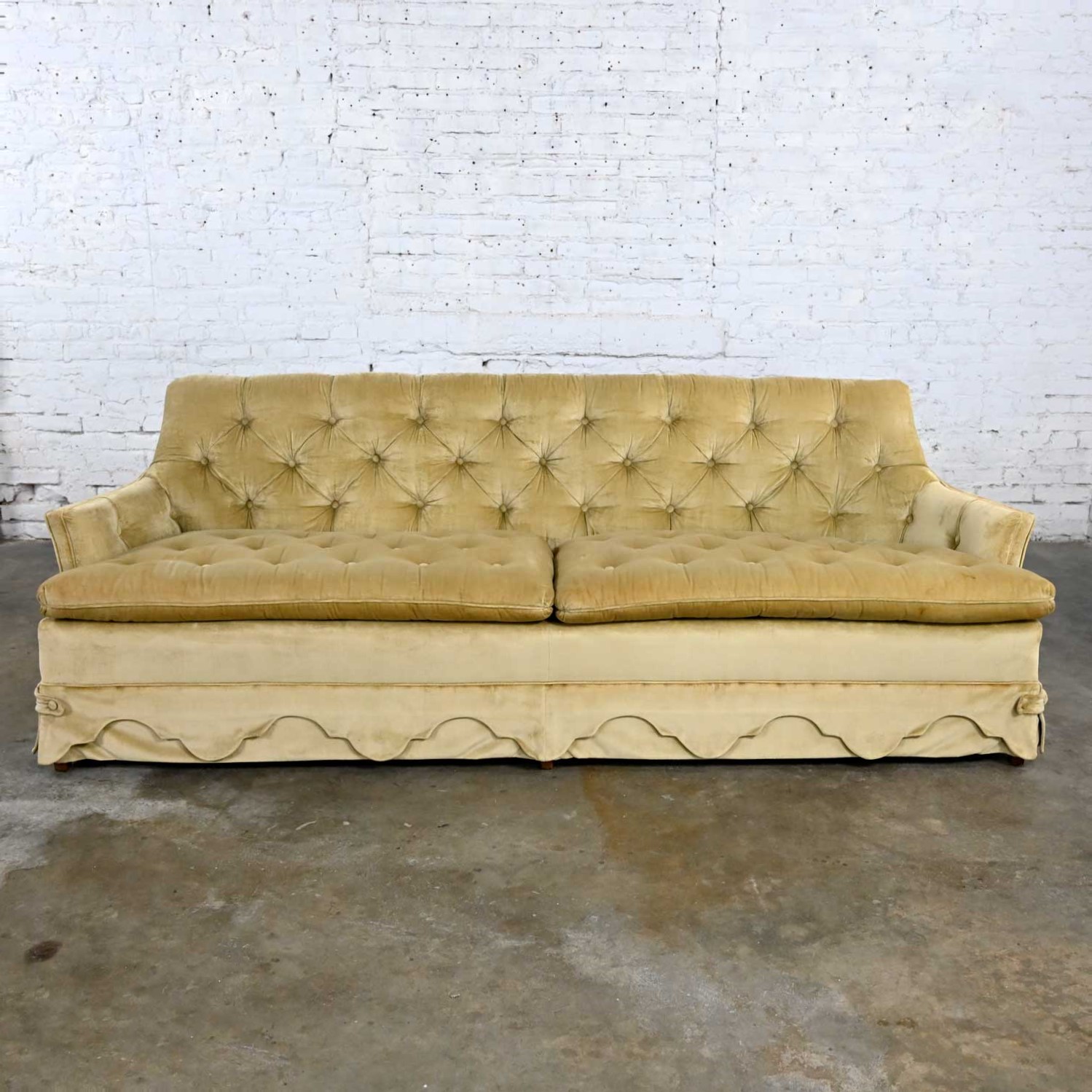 Vintage Hollywood Regency Tawny Colored Button Tufted Velvet Sofa by Heritage