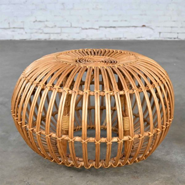 Vintage Mid-Century Modern Rattan Side Table Ottoman Pouf Attributed to Franco Albini