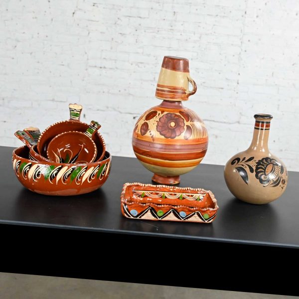 Vintage Selection of Mexican Pottery 4 Nesting Bowls 2 Nesting Baking Dishes 1 Carafe & Cup & 1 Bottle