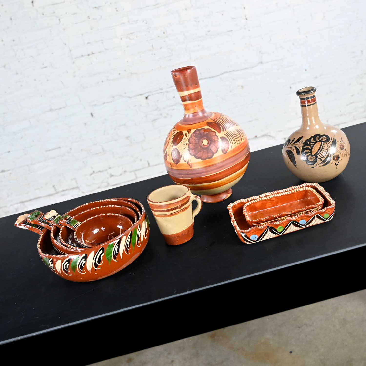 Vintage Selection of Mexican Pottery 4 Nesting Bowls 2 Nesting Baking Dishes 1 Carafe & Cup & 1 Bottle