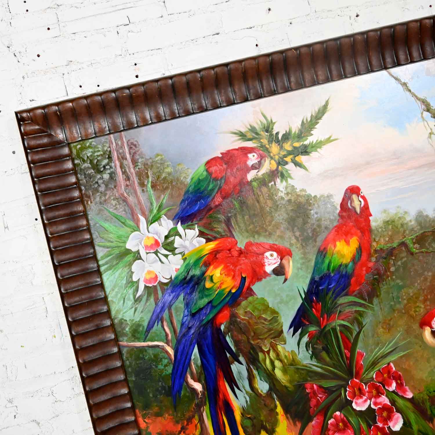 Vintage Original Large Scale Parrot Painting by P. Charles with Dark Grooved Wood Frame
