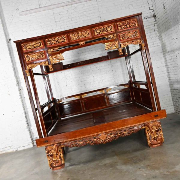 Vintage Chinoiserie Chinese Elm Wedding Opium Canopy Bed Hand Carved Asian Designs Queen Size