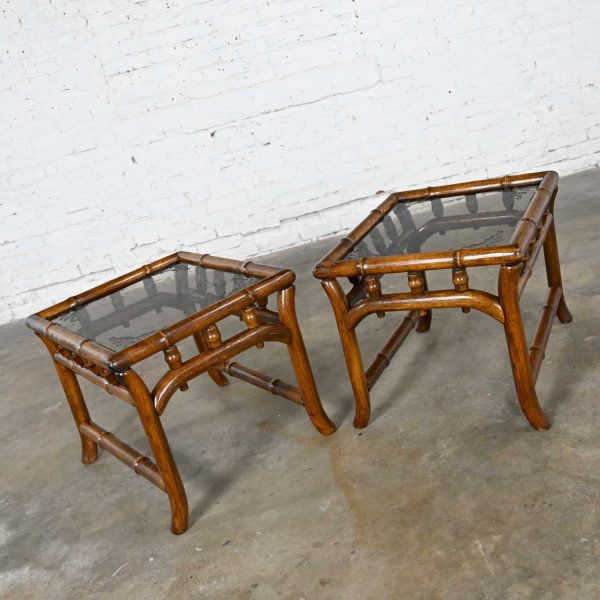 Vintage Organic Modern Faux Rattan & Etched Smoked Glass Top End Tables a Pair