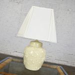 Vintage Chinoiserie Latte Color Ginger Jar Lamp with Frosting Design & Pleated White Fabric Shade