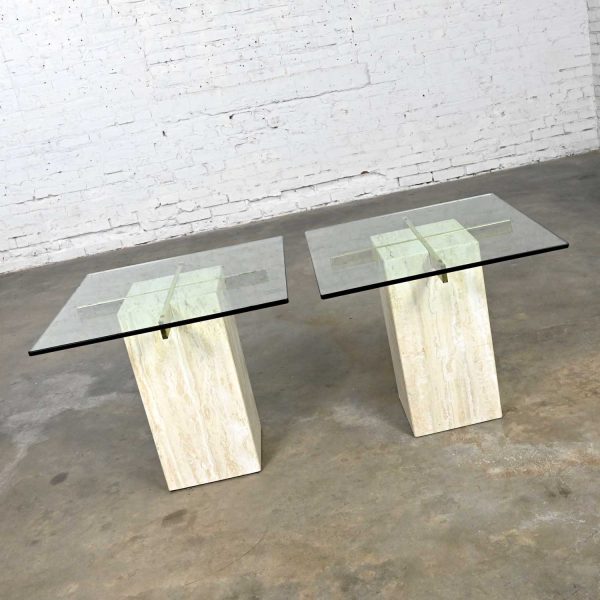 Modern Pair Travertine & Brass Plate End or Side Tables with Glass Tops Style of Artedi