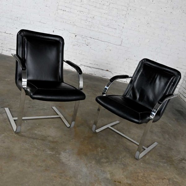 Modern St. Timothy Chair Co Cantilever Chairs Chrome Rectangular Tube & Black Leather