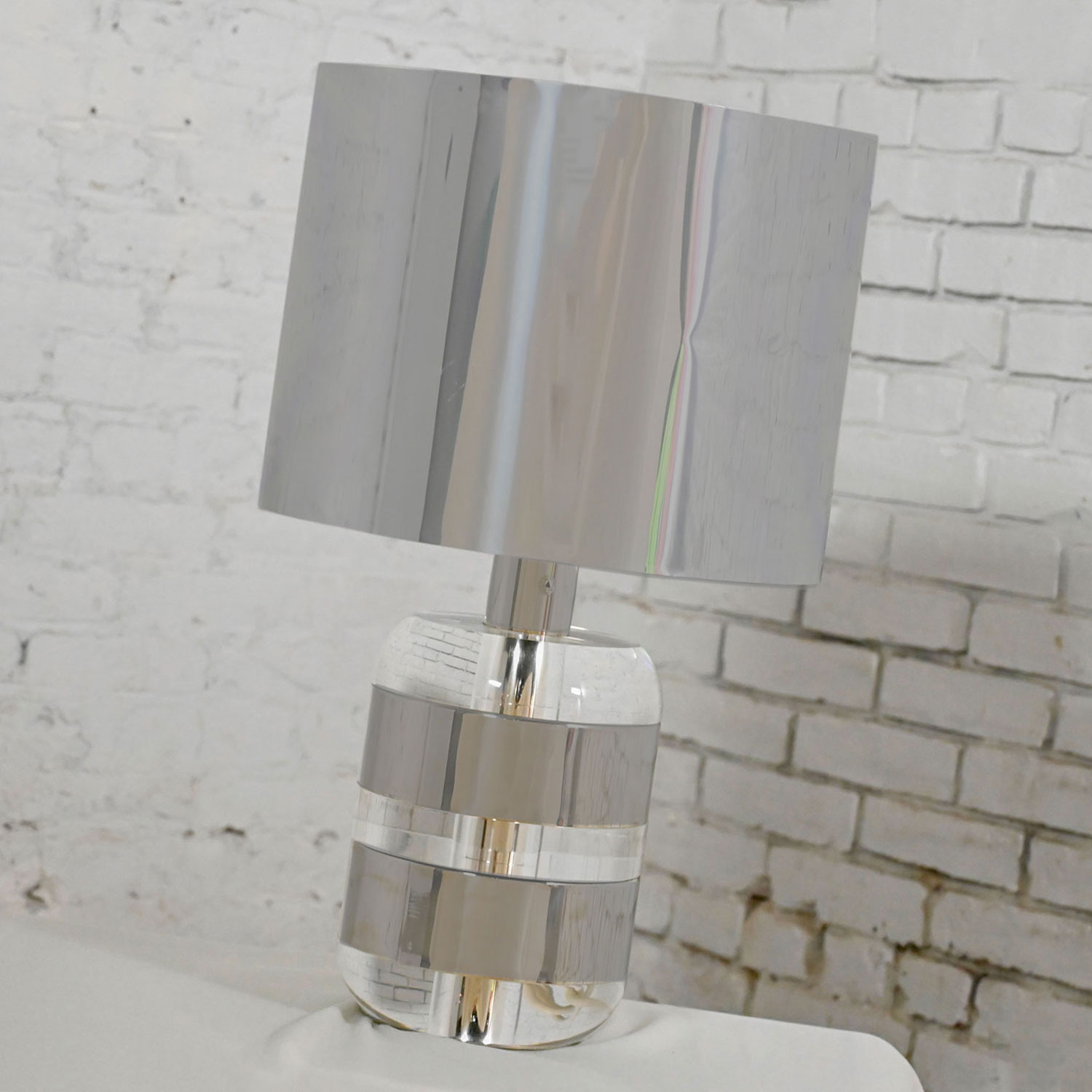 Vintage Italian Modern Lucite & Chrome Table Lamp Polished Aluminum Shade by Noel B.C. Italy