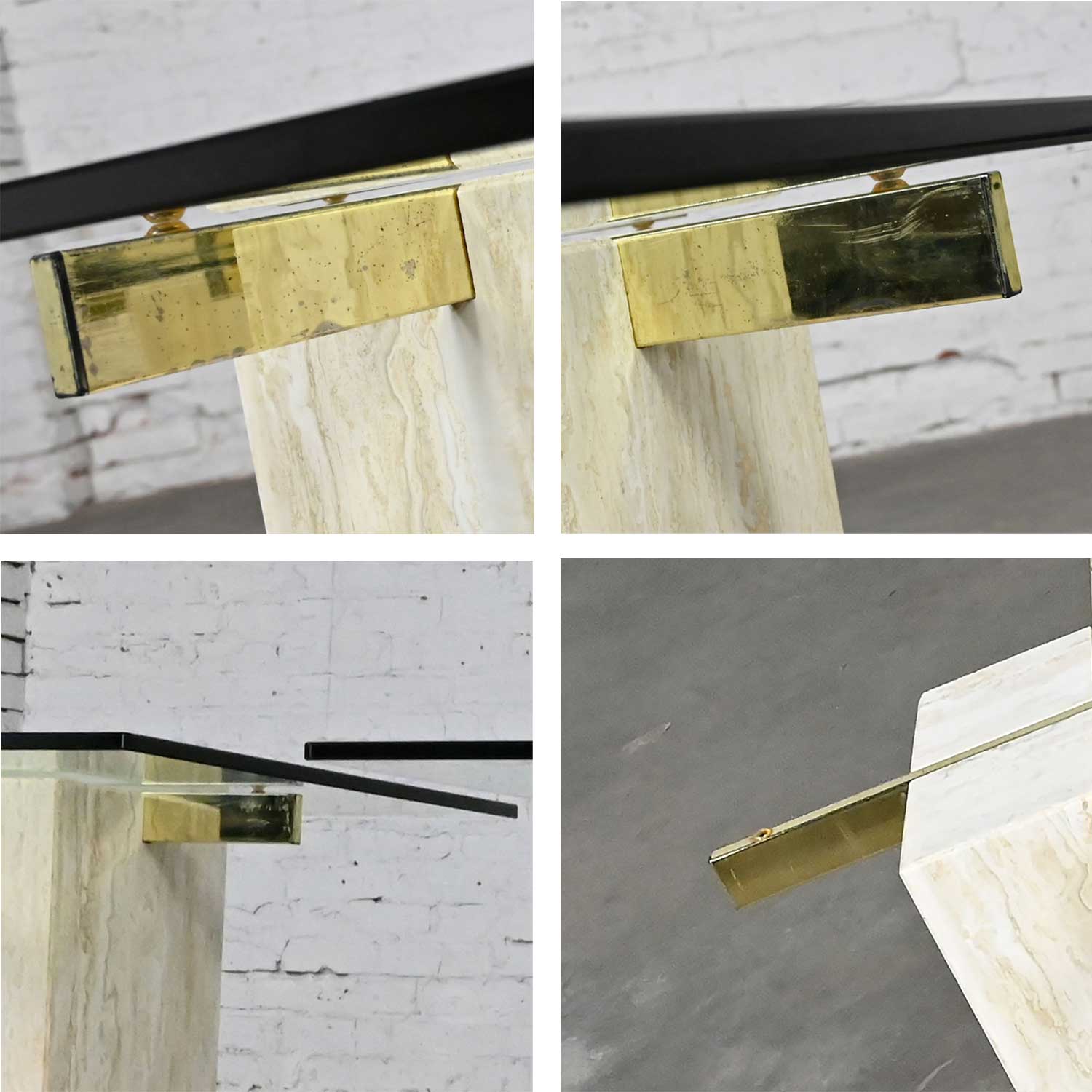 Modern Pair Travertine & Brass Plate End or Side Tables with Glass Tops Style of Artedi
