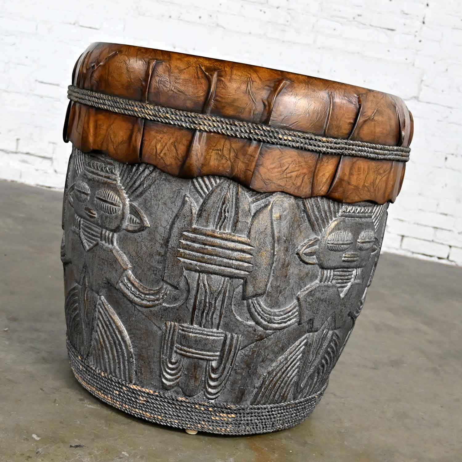 Island Style Boho Chic Resin Tiki Tribal Large Drum End or Accent Table Style of Casa Bique