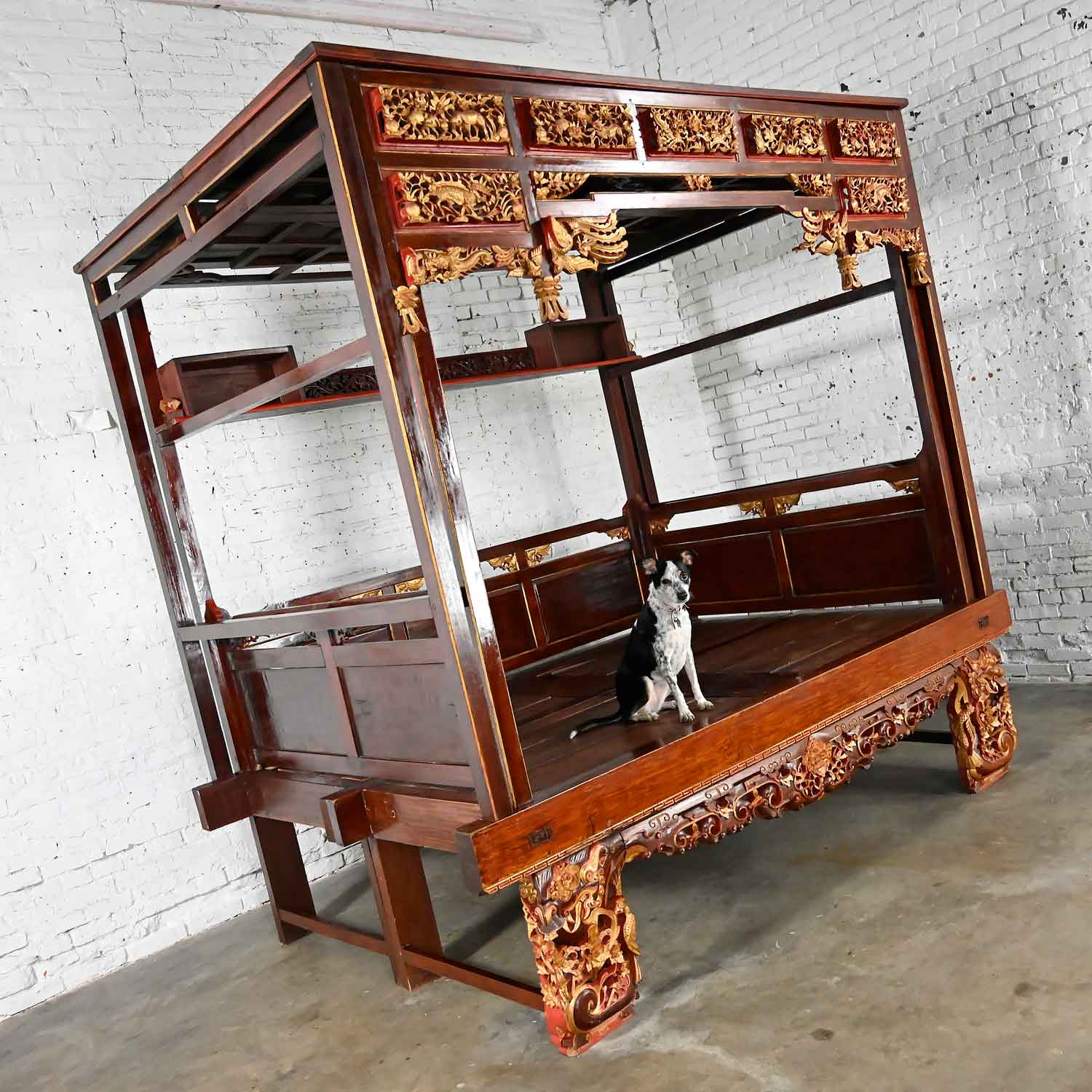 Vintage Chinoiserie Chinese Elm Wedding Opium Canopy Bed Hand Carved Asian Designs Queen Size