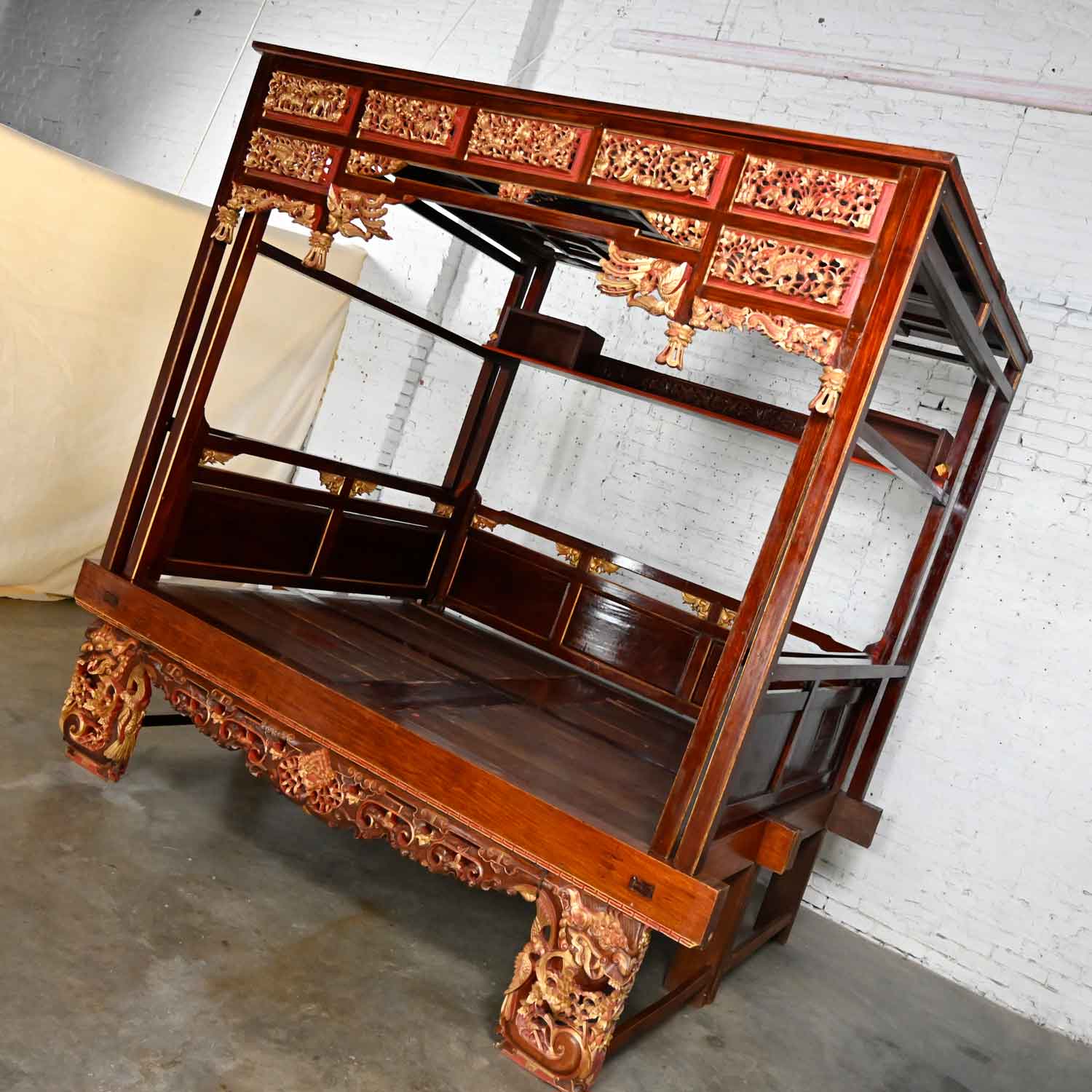 Vintage Chinoiserie Chinese Elm Wedding Opium Canopy Bed Hand Carved Asian Designs Queen Size