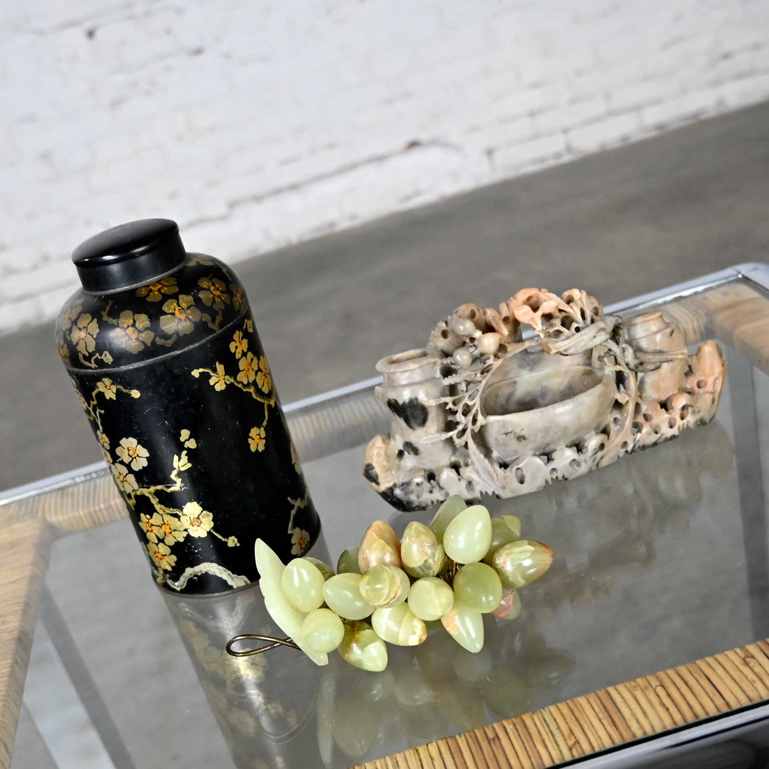 Chinoiserie Vignette Including Soap Stone Carving Tin Tea Canister & Jade Color Stone Grapes