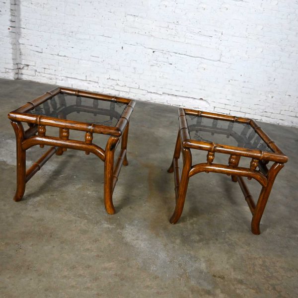 Vintage Organic Modern Faux Rattan & Etched Smoked Glass Top End Tables a Pair