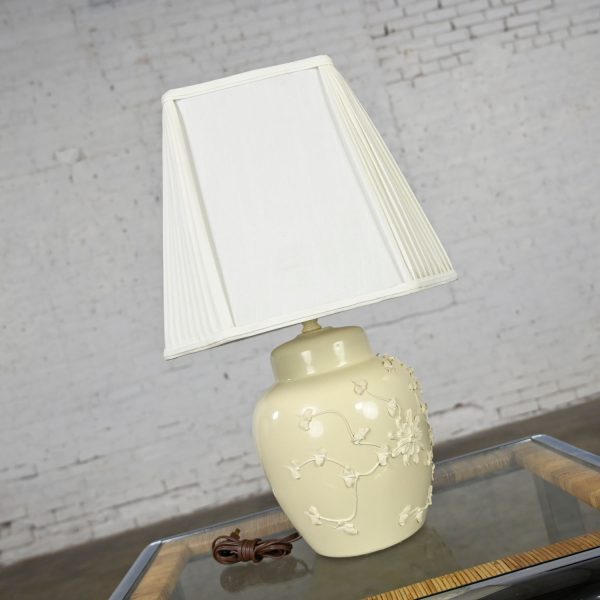 Vintage Chinoiserie Latte Color Ginger Jar Lamp with Frosting Design & Pleated White Fabric Shade