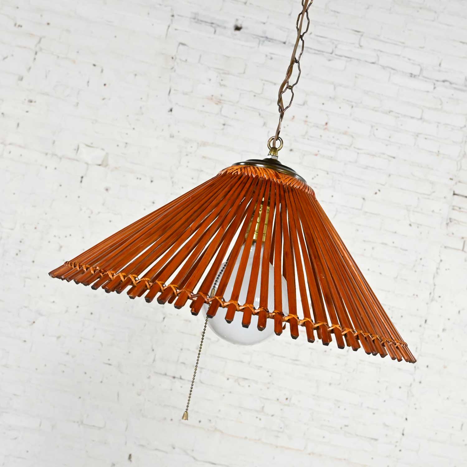 Vintage Mid-Century Modern Split Rattan Conical Hanging Swag Light Antiqued Brass Accents