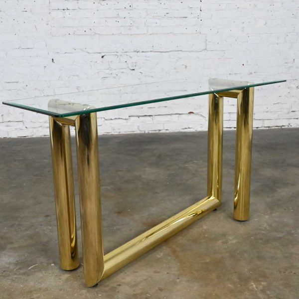 Vintage Modern Brass Plated Console Sofa Table with Glass Top Style of Karl Springer