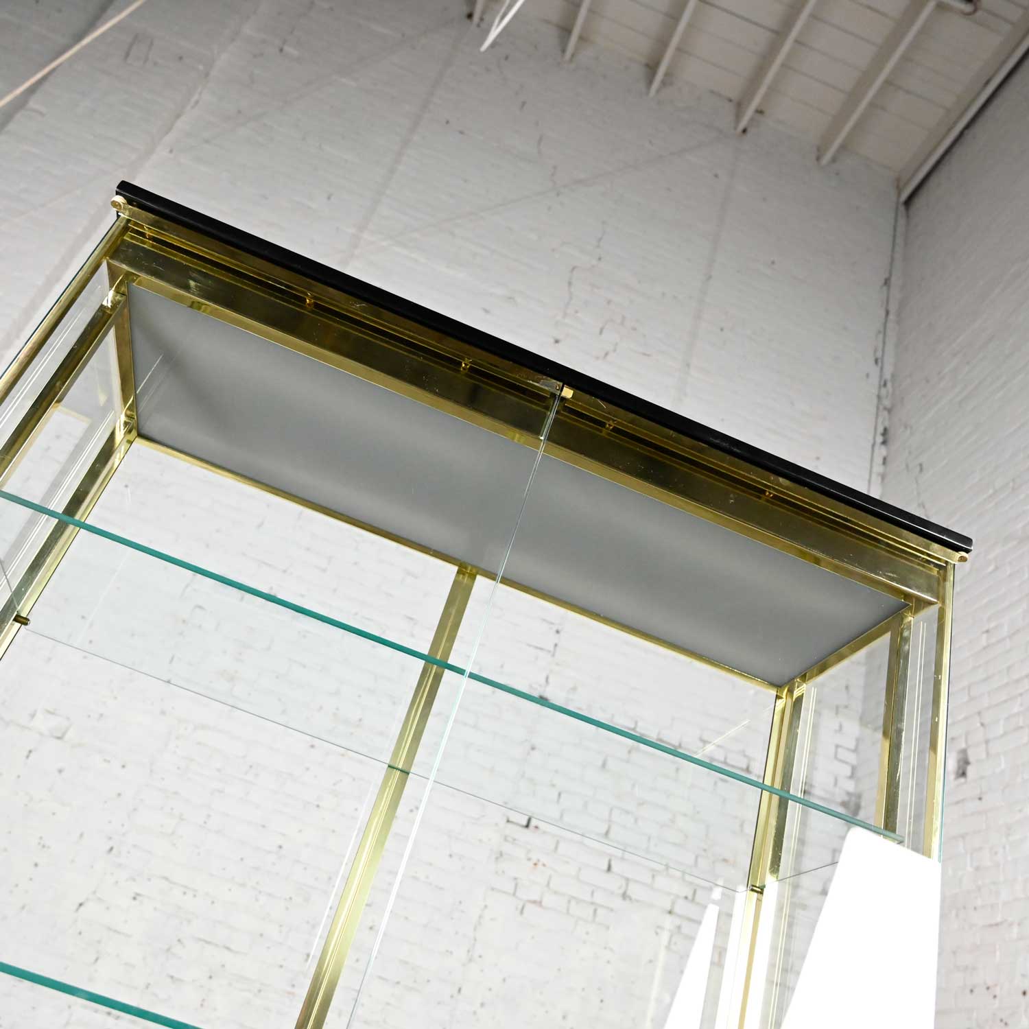 Modern All Glass Lighted Display Cabinet Brass Plated Framework by Design Institute of America or DIA
