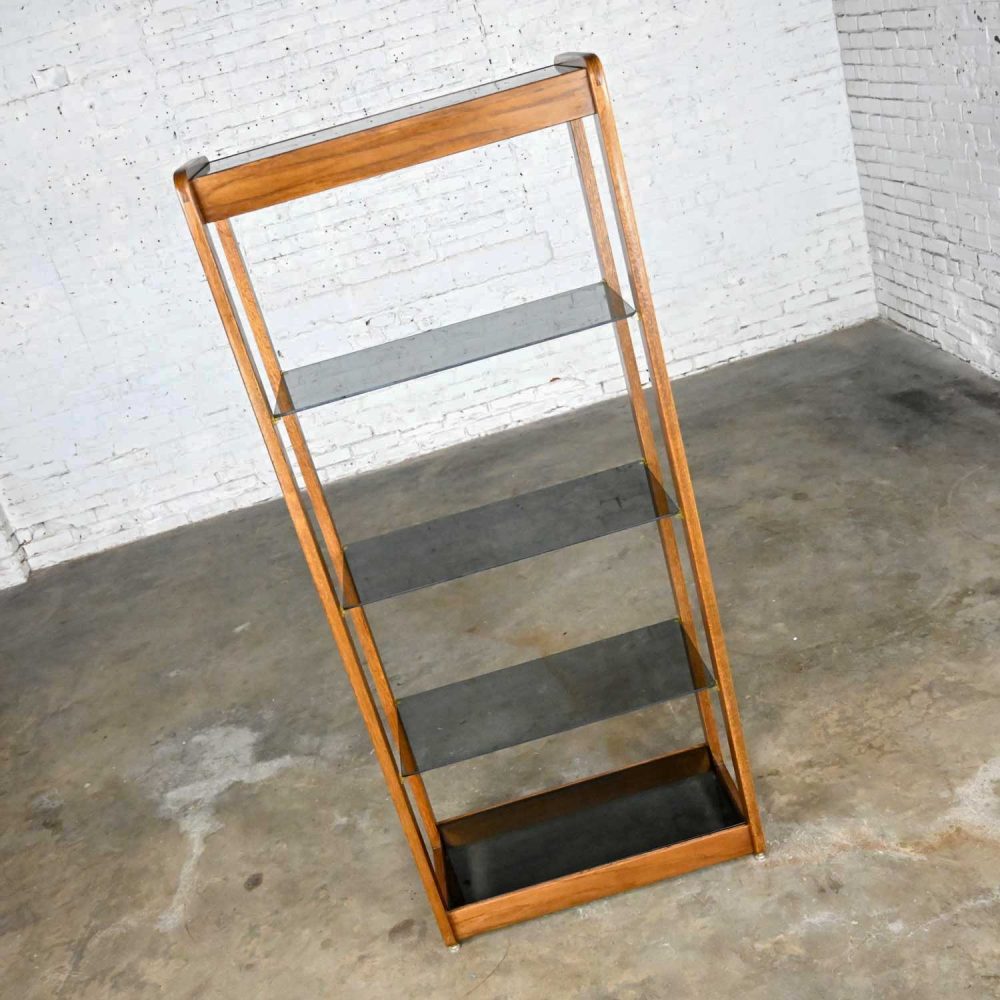 Vintage Mid-Century Modern Oak Frame & Smoked Glass Etagere Display Cabinet Bookcase