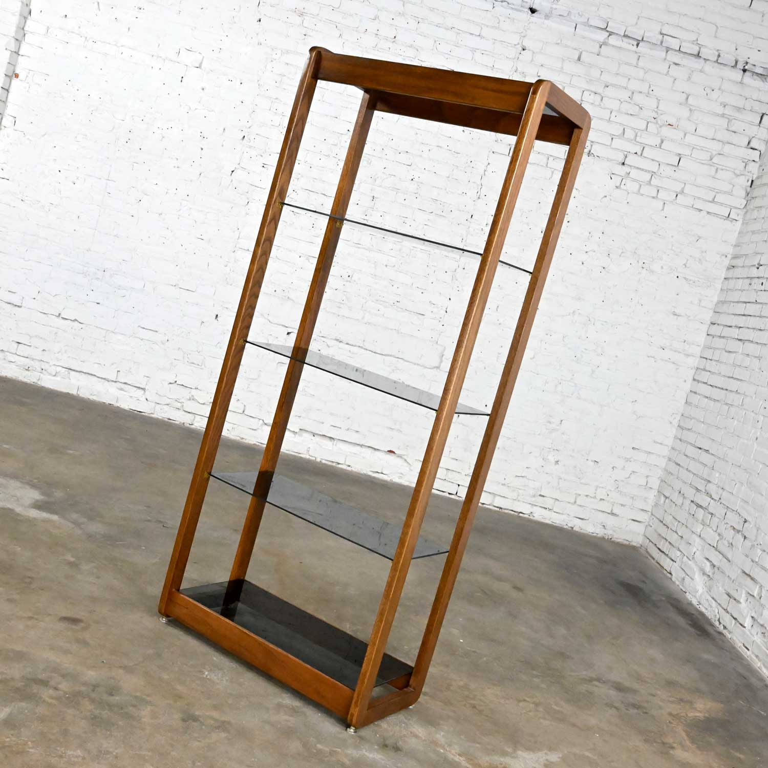 Vintage Mid-Century Modern Oak Frame & Smoked Glass Etagere Display Cabinet Bookcase