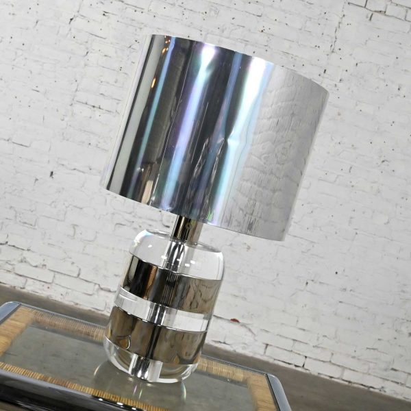 Vintage Italian Modern Lucite & Chrome Table Lamp Polished Aluminum Shade by Noel B.C. Italy