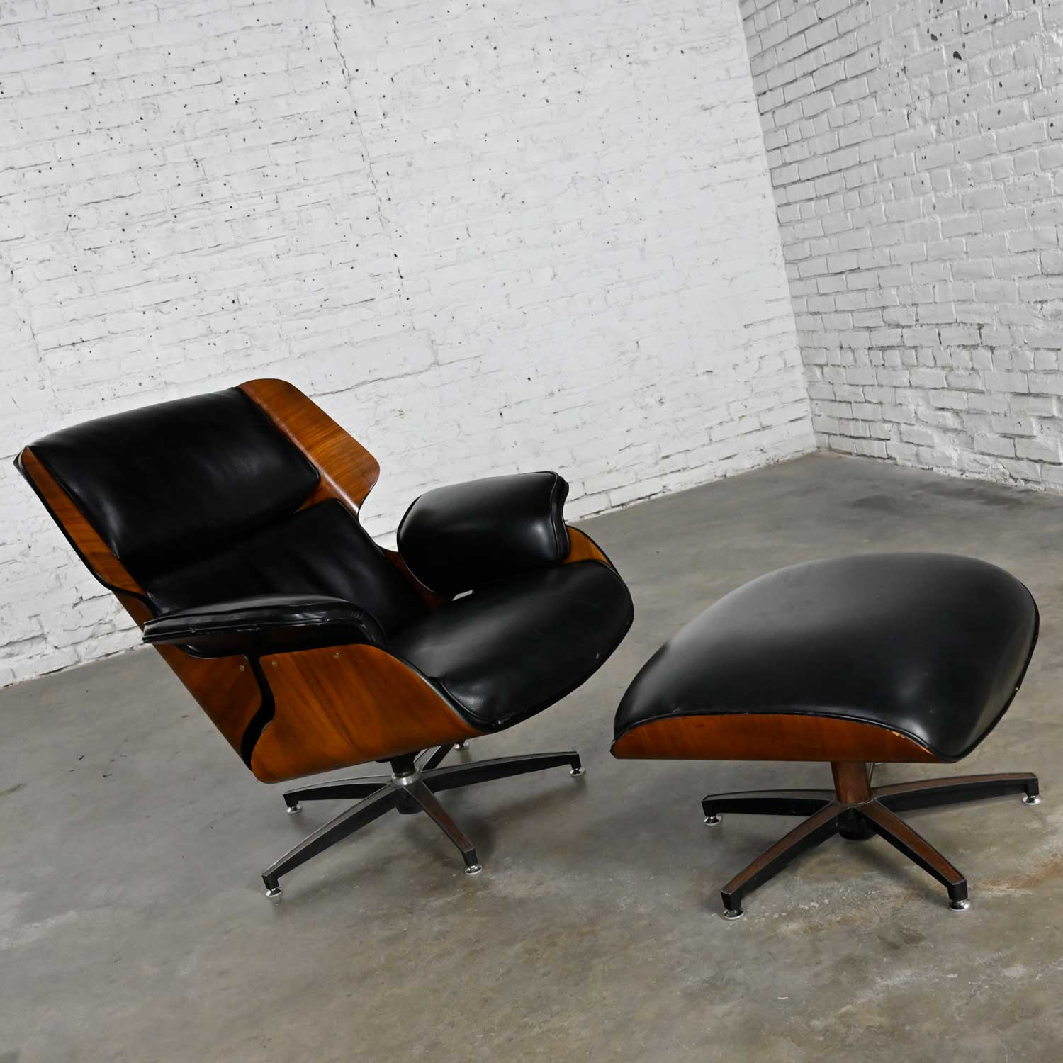 Drexel Declaration Molded Plywood & Faux Leather Lounge Chair & Ottoman by Kipp Stewart & Stewart MacDougall