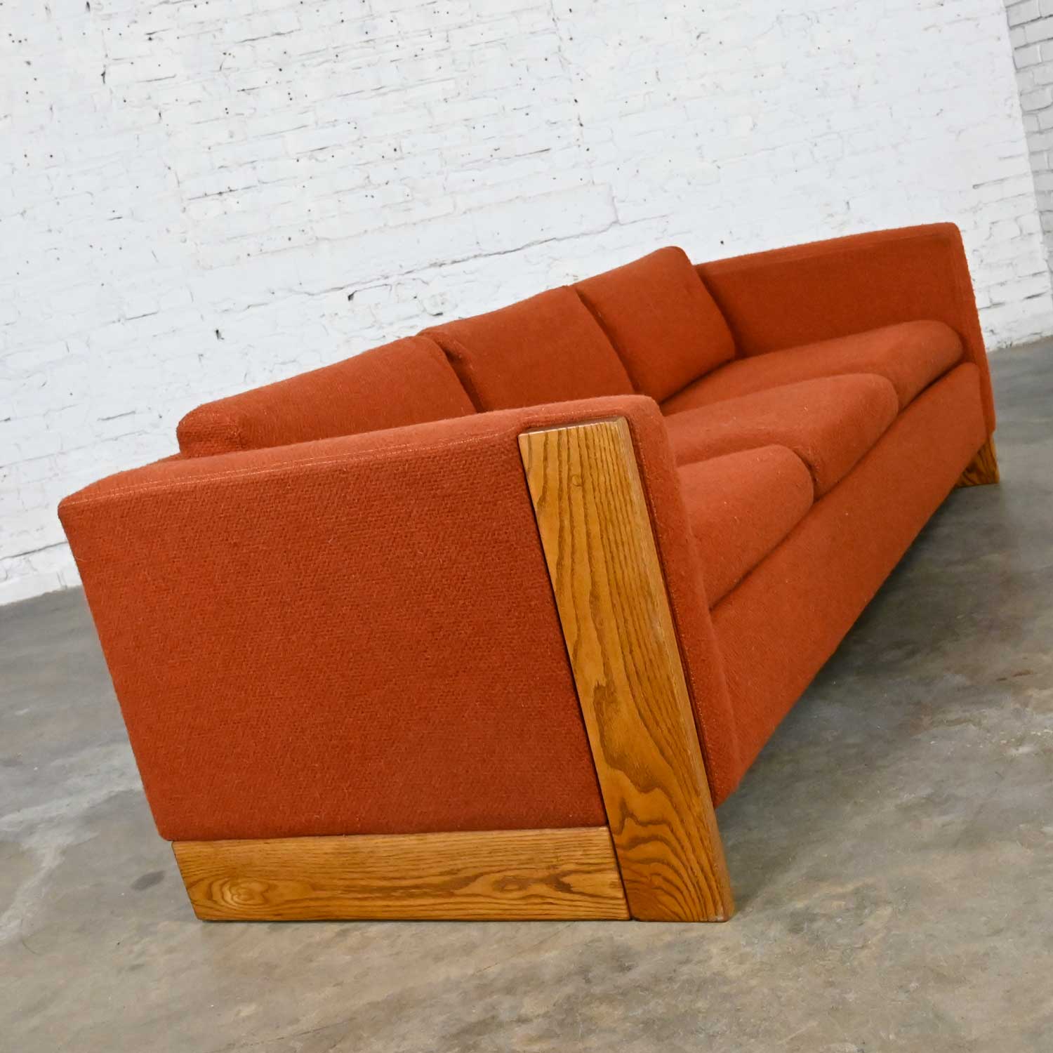 Mid-Century Modern to Modern Rust or Burnt Orange Tuxedo Style Sofa with Oak Frame