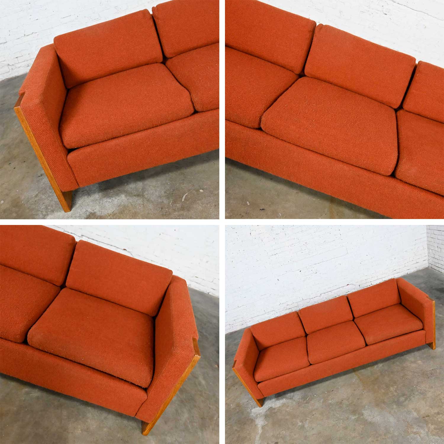 Mid-Century Modern to Modern Rust or Burnt Orange Tuxedo Style Sofa with Oak Frame