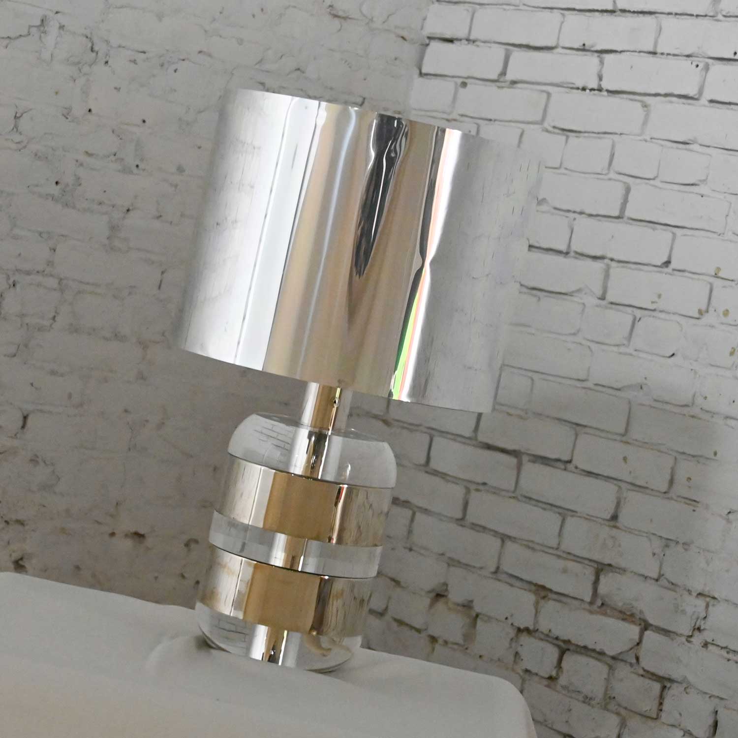 Vintage Italian Modern Lucite & Chrome Table Lamp Polished Aluminum Shade by Noel B.C. Italy