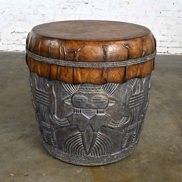 Island Style Boho Chic Resin Tiki Tribal Large Drum End or Accent Table Style of Casa Bique