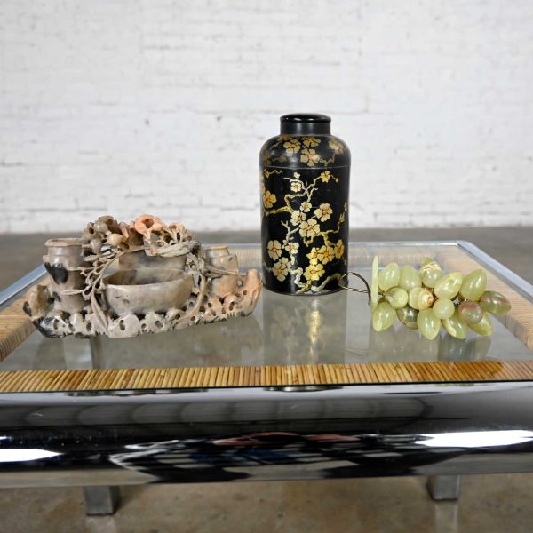 Chinoiserie Vignette Including Soap Stone Carving Tin Tea Canister & Jade Color Stone Grapes