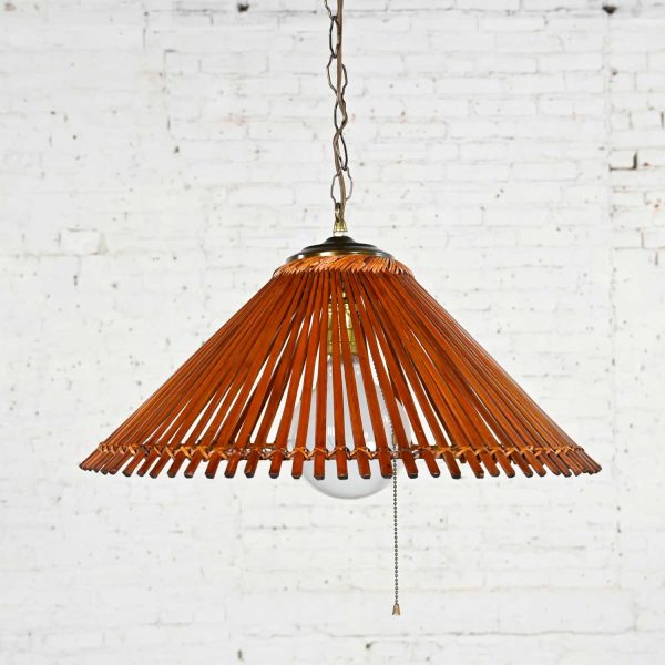 Vintage Mid-Century Modern Split Rattan Conical Hanging Swag Light Antiqued Brass Accents