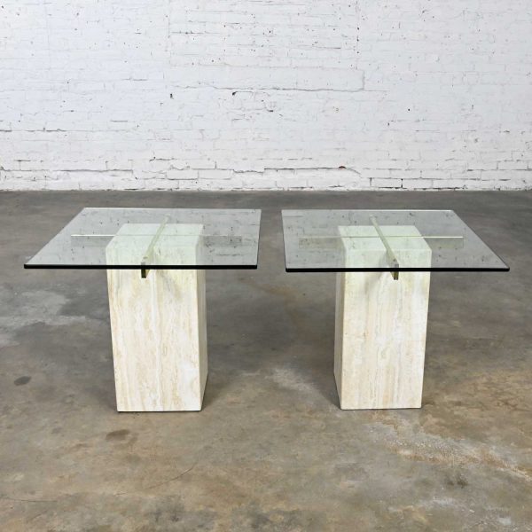 Modern Pair Travertine & Brass Plate End or Side Tables with Glass Tops Style of Artedi