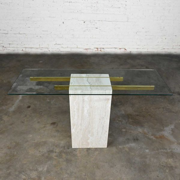 Modern Console Sofa Table Travertine & Brass Plate with Glass Top Style Artedi