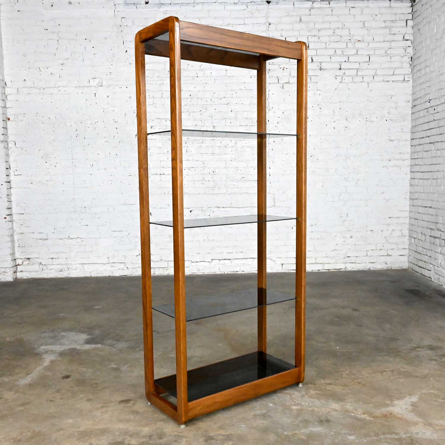 Vintage Mid-Century Modern Oak Frame & Smoked Glass Etagere Display Cabinet Bookcase