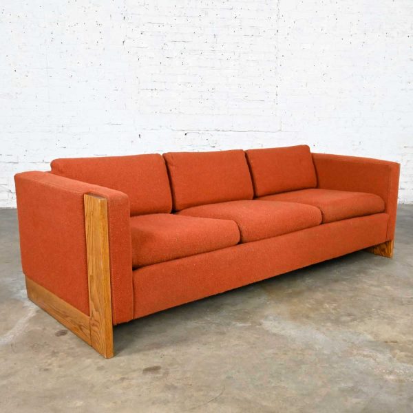 Mid-Century Modern to Modern Rust or Burnt Orange Tuxedo Style Sofa with Oak Frame