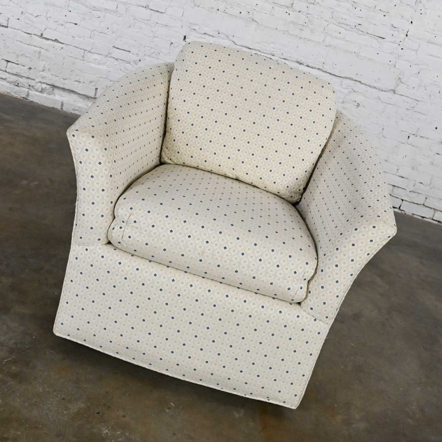 Modern Century Furniture Swivel Barrel Chair Off White & Blue Diamonds Brocade Fabric