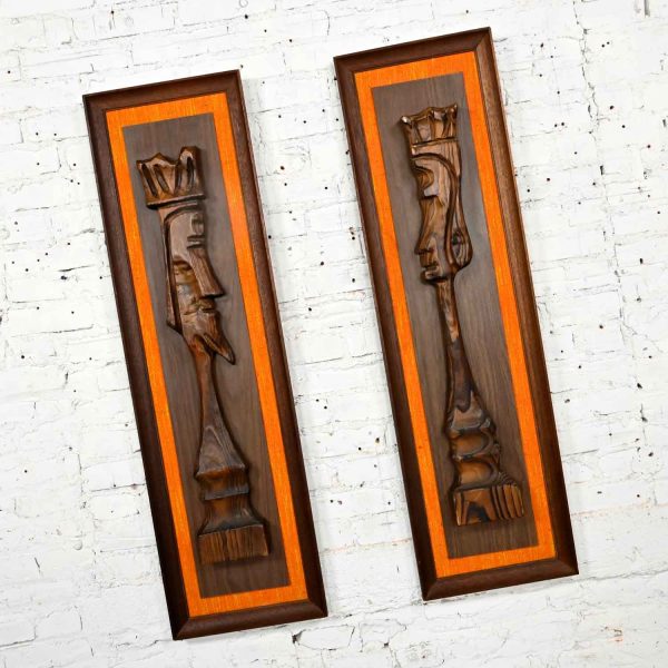 Vintage Tiki Island Style WITCO Large Scale King & Queen Chess Pair Carved Wall Hangings