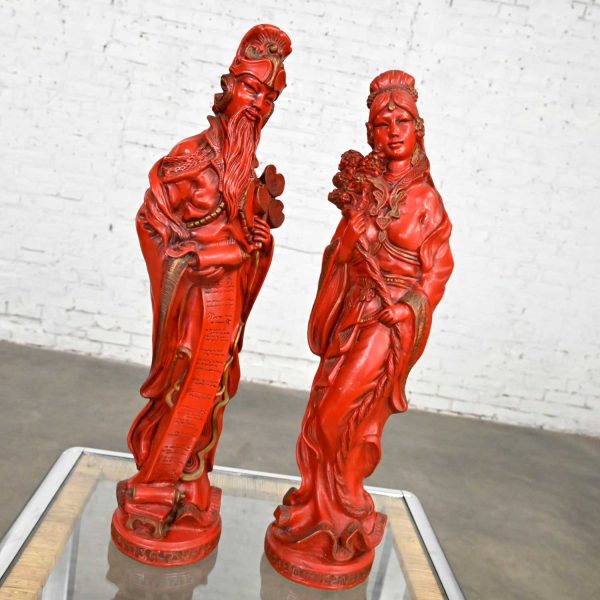 Vintage Asian Style Chinoiserie Faux Cinnabar Large Red Decorative Statues Male & Female