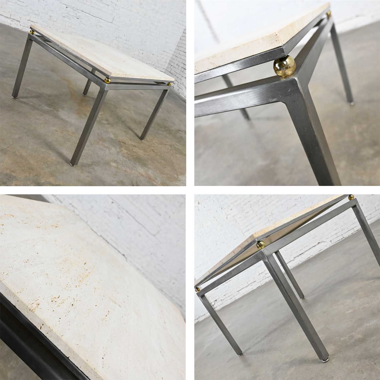Modern Custom Tube Steel End Table with Travertine Top & Brass Plate Sphere Details by Jensen Design Inc