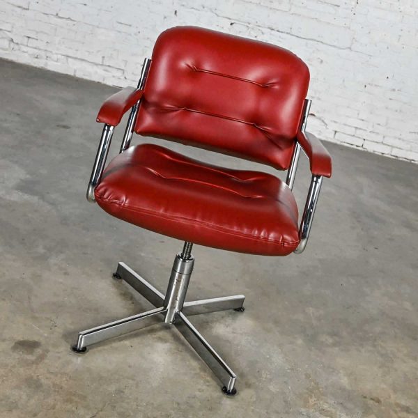 Vintage Mid-Century Modern Cordovan Faux Leather & Chrome 4 Prong Base Swivel Desk Chair