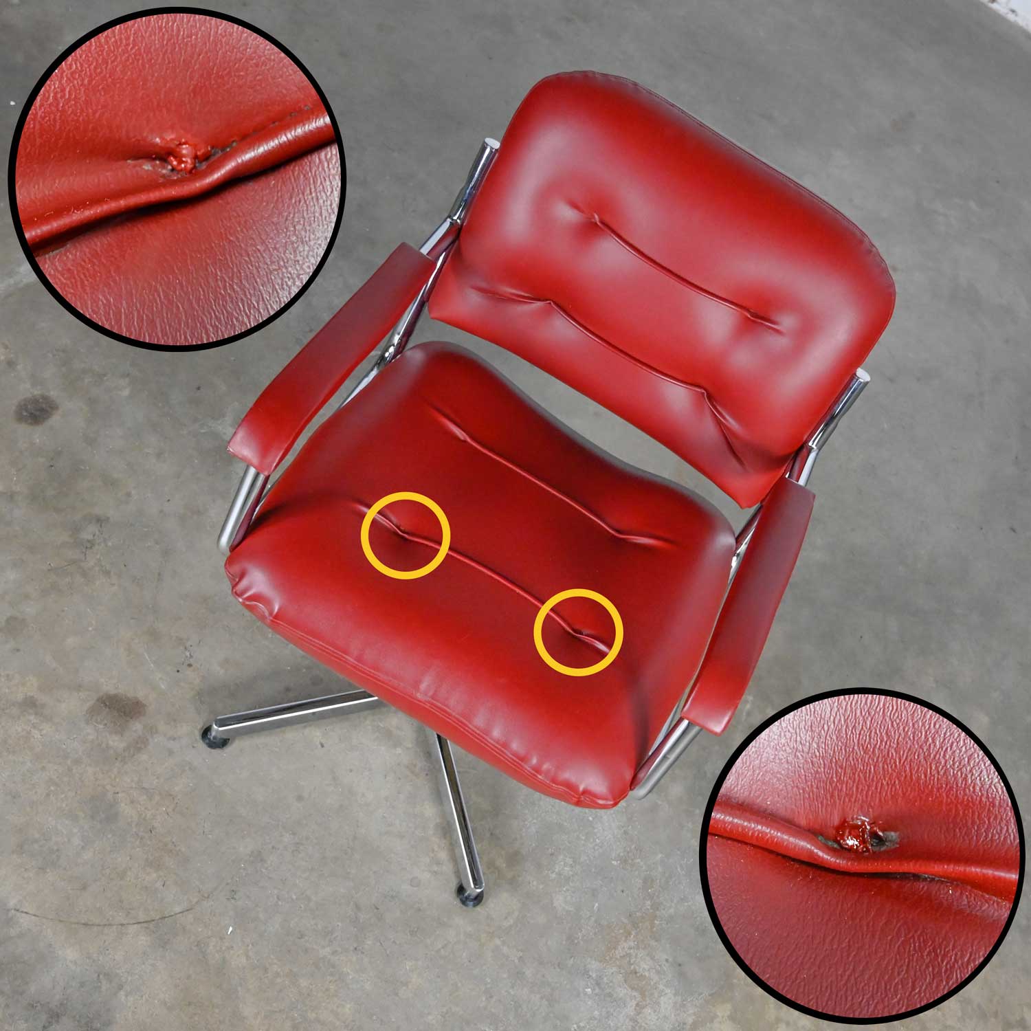 Vintage Mid-Century Modern Cordovan Faux Leather & Chrome 4 Prong Base Swivel Desk Chair