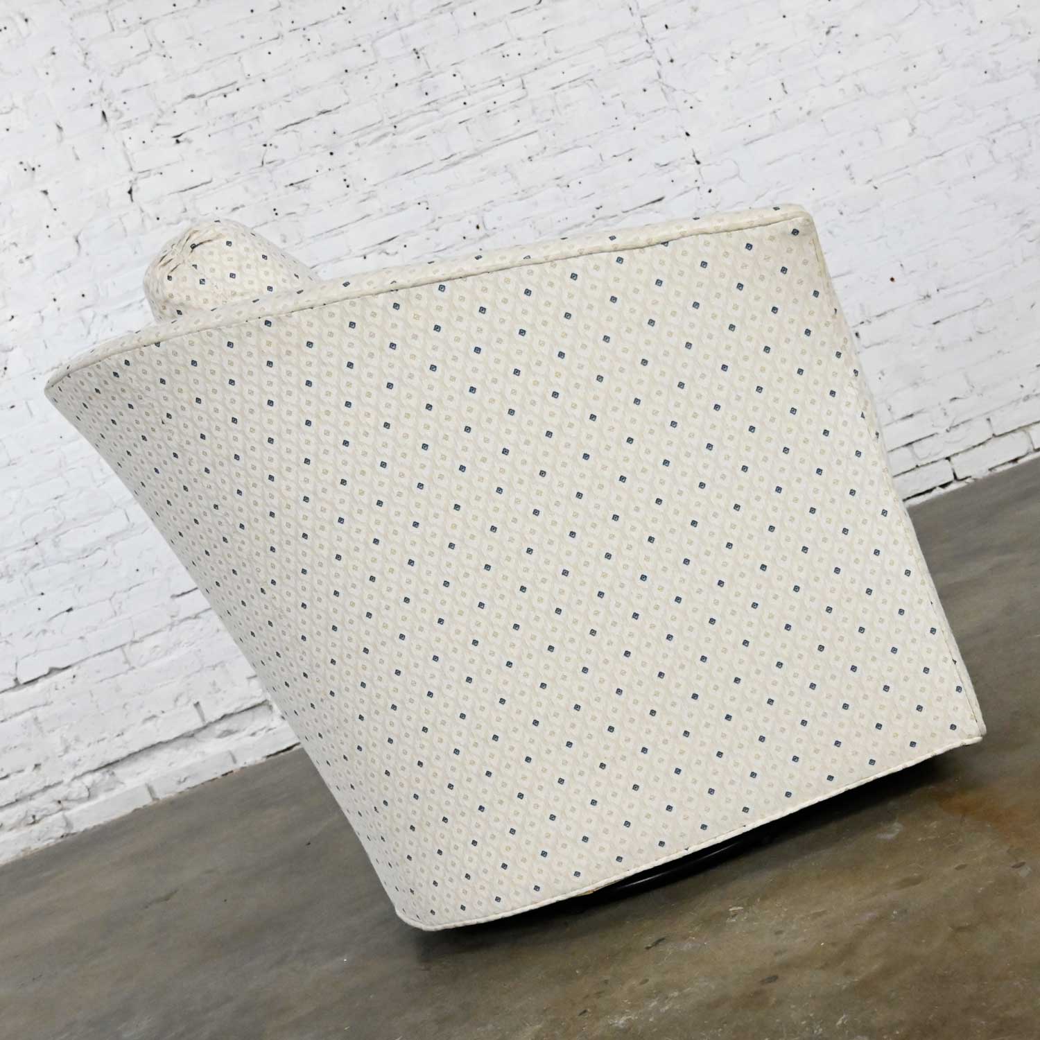 Modern Century Furniture Swivel Barrel Chair Off White & Blue Diamonds Brocade Fabric