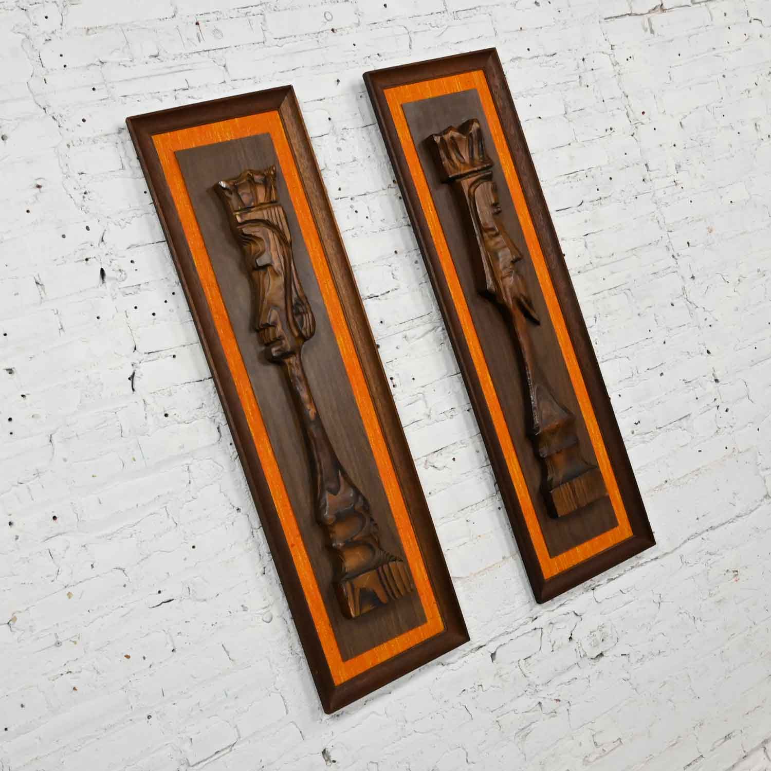 Vintage Tiki Island Style WITCO Large Scale King & Queen Chess Pair Carved Wall Hangings