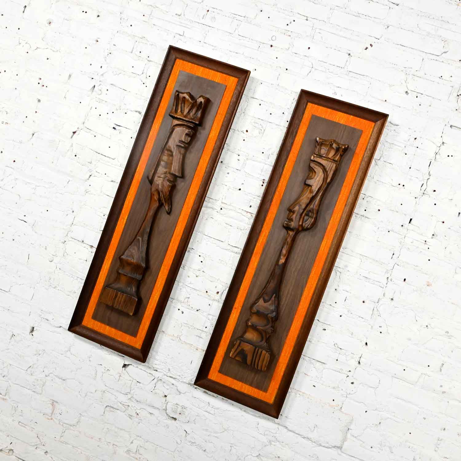Vintage Tiki Island Style WITCO Large Scale King & Queen Chess Pair Carved Wall Hangings