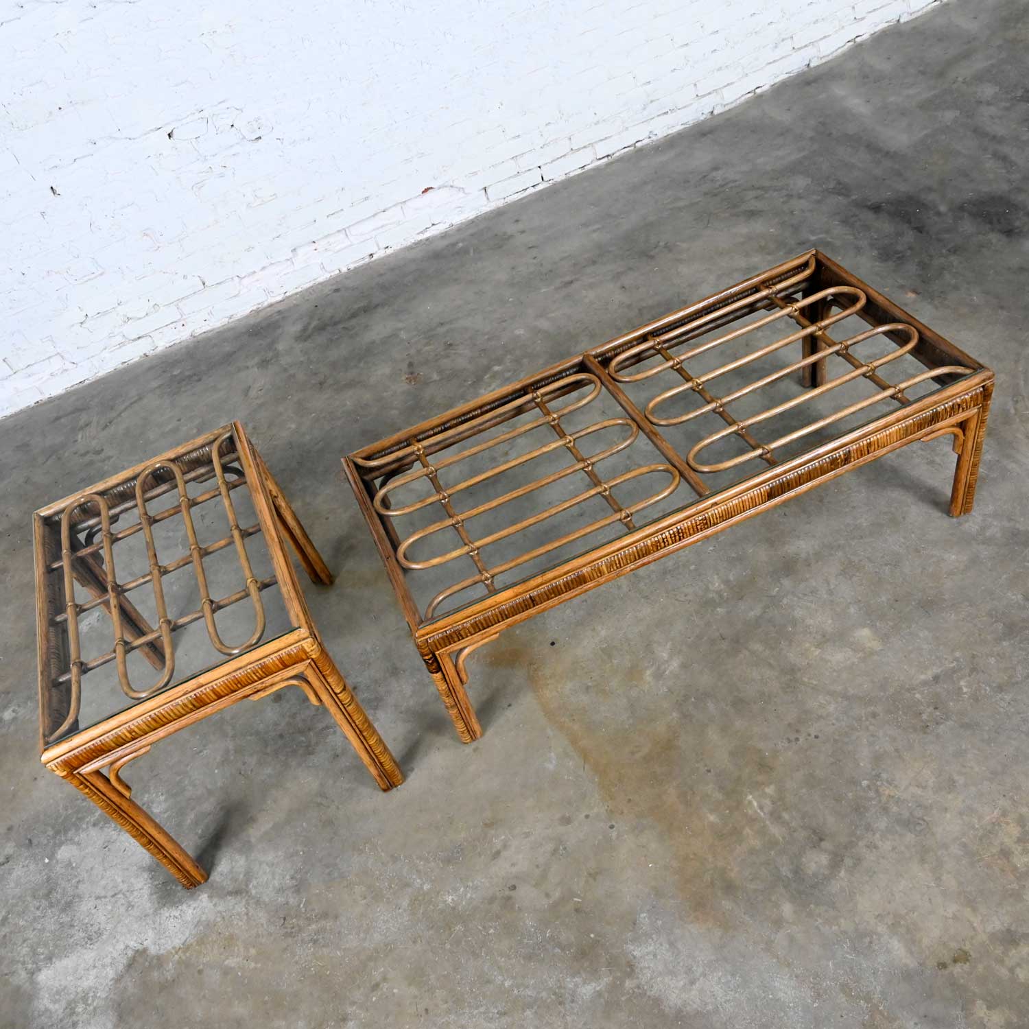 Vintage Organic Modern Rattan Coffee Table & Side Table Style of Ficks Reed, a Pair