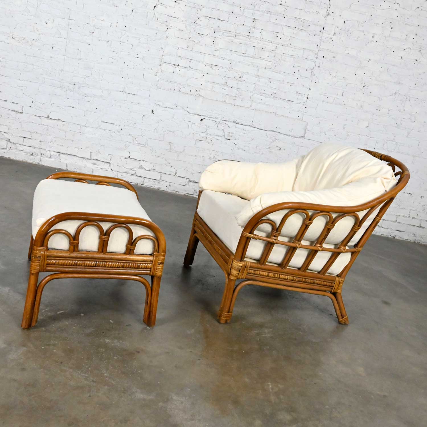 Vintage Organic Modern Rattan Chair & Ottoman Style of Ficks Reed
